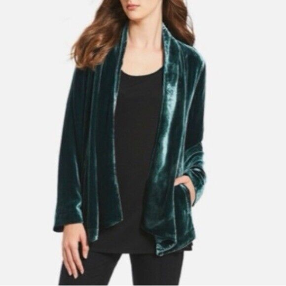Eileen Fisher Silk Velvet Pine Green Open Front Cardigan Jacket Sweater Sz Small - Picture 1 of 8